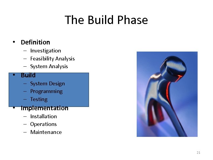 The Build Phase • Definition – Investigation – Feasibility Analysis – System Analysis •