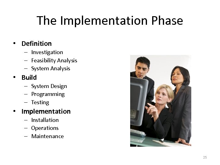 The Implementation Phase • Definition – Investigation – Feasibility Analysis – System Analysis •