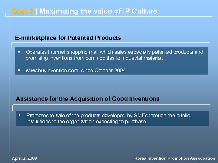 Goal 2 | Maximizing the value of IP Culture E-marketplace for Patented Products §
