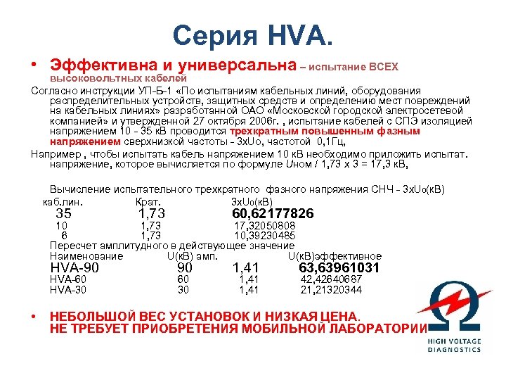 Серия HVA. • Эффективна и универсальна – испытание ВСЕХ высоковольтных кабелей Согласно инструкции УП-Б-1