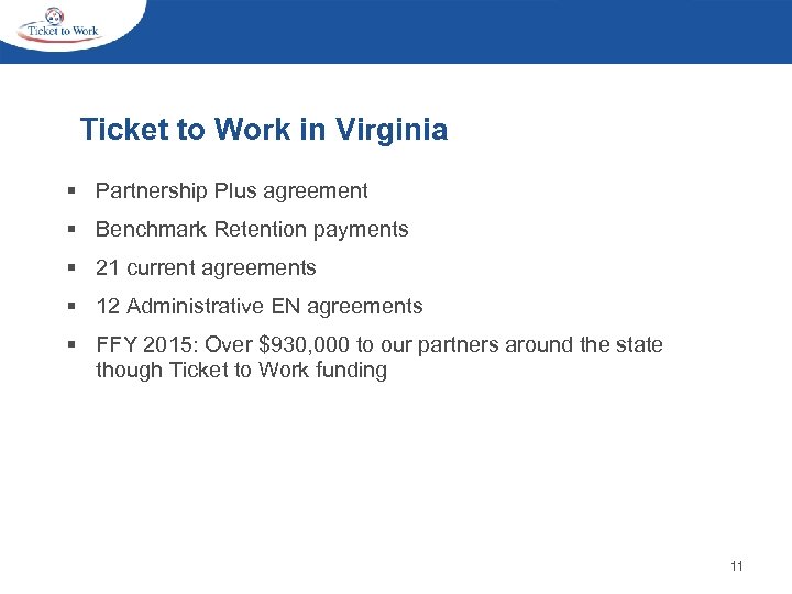 Ticket to Work in Virginia § Partnership Plus agreement § Benchmark Retention payments §