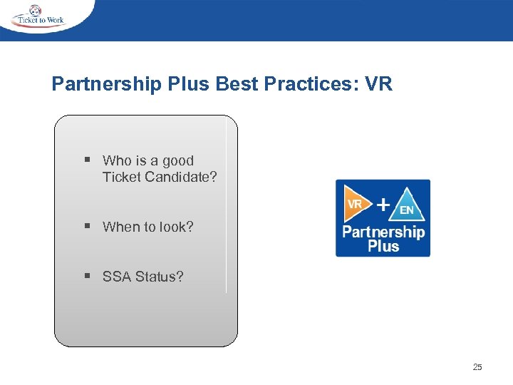 Partnership Plus Best Practices: VR § Who is a good Ticket Candidate? § When