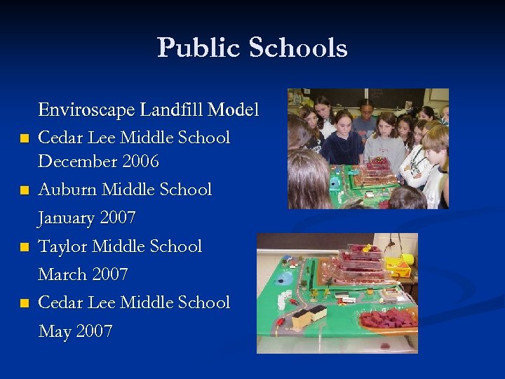 Public Schools n n Enviroscape Landfill Model Cedar Lee Middle School December 2006 Auburn