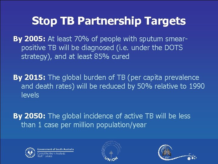 Stop TB Partnership Targets By 2005: At least 70% of people with sputum smearpositive