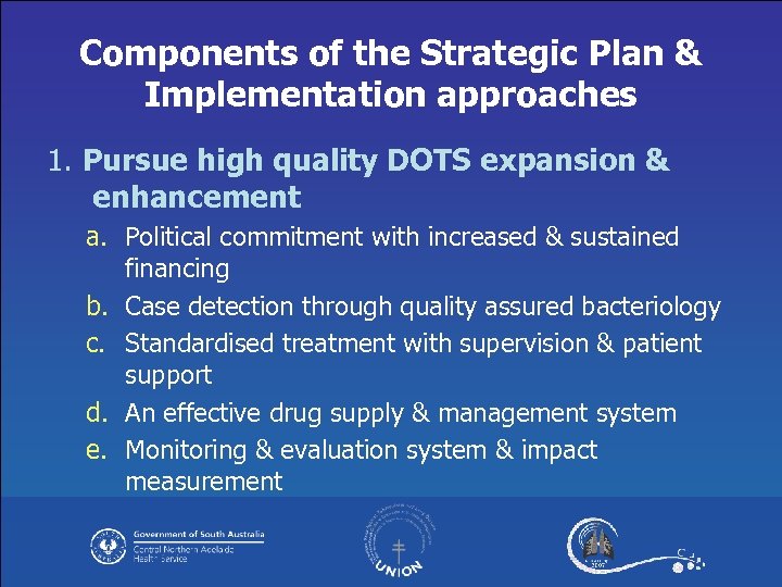 Components of the Strategic Plan & Implementation approaches 1. Pursue high quality DOTS expansion