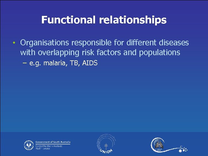 Functional relationships • Organisations responsible for different diseases with overlapping risk factors and populations