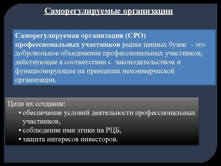 Саморегулируемые организации Саморегулируемая организация (СРО) профессиональных участников рынка ценных бумаг - это добровольное объединение