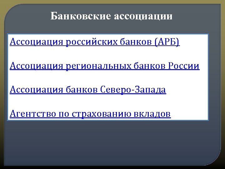 Банковские ассоциации Ассоциация российских банков (АРБ) Ассоциация региональных банков России Ассоциация банков Северо-Запада Агентство