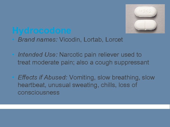 Hydrocodone • Brand names: Vicodin, Lortab, Lorcet • Intended Use: Narcotic pain reliever used