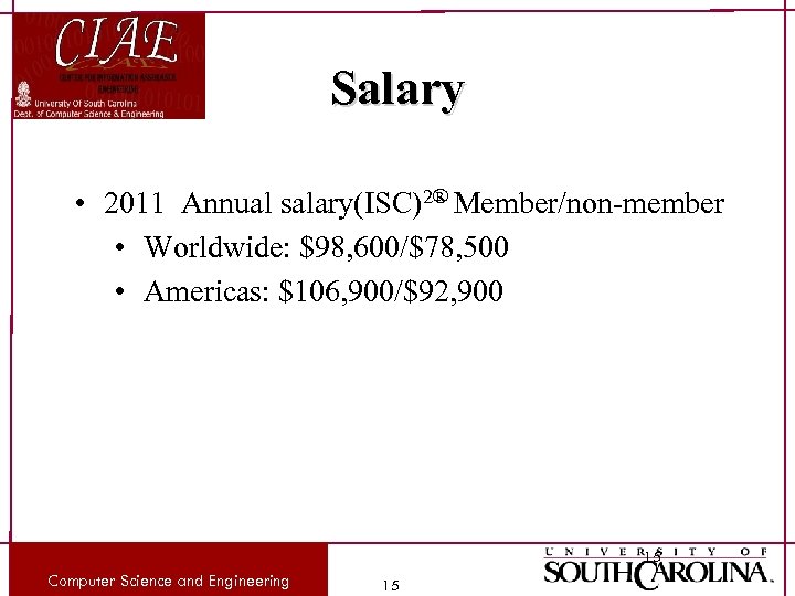 Salary • 2011 Annual salary(ISC)2® Member/non-member • Worldwide: $98, 600/$78, 500 • Americas: $106,