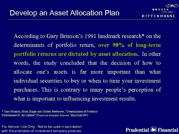 Develop an Asset Allocation Plan According to Gary Brinson’s 1991 landmark research* on the