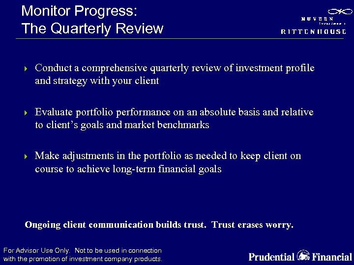 Monitor Progress: The Quarterly Review 4 Conduct a comprehensive quarterly review of investment profile