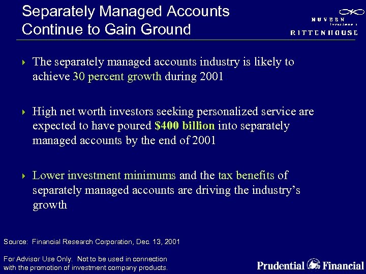 Separately Managed Accounts Continue to Gain Ground 4 The separately managed accounts industry is