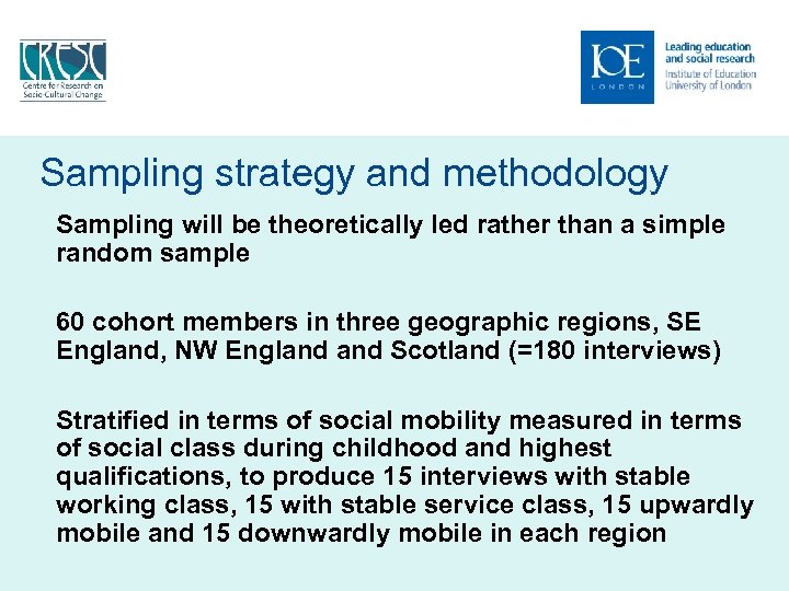 Sampling strategy and methodology Sampling will be theoretically led rather than a simple random