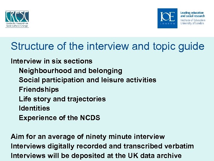 Structure of the interview and topic guide Interview in six sections Neighbourhood and belonging