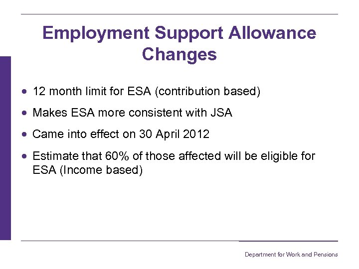 Employment Support Allowance Changes 12 month limit for ESA (contribution based) Makes ESA more