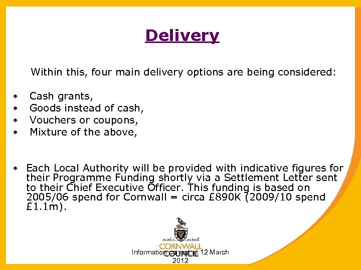 Delivery Within this, four main delivery options are being considered: • • Cash grants,