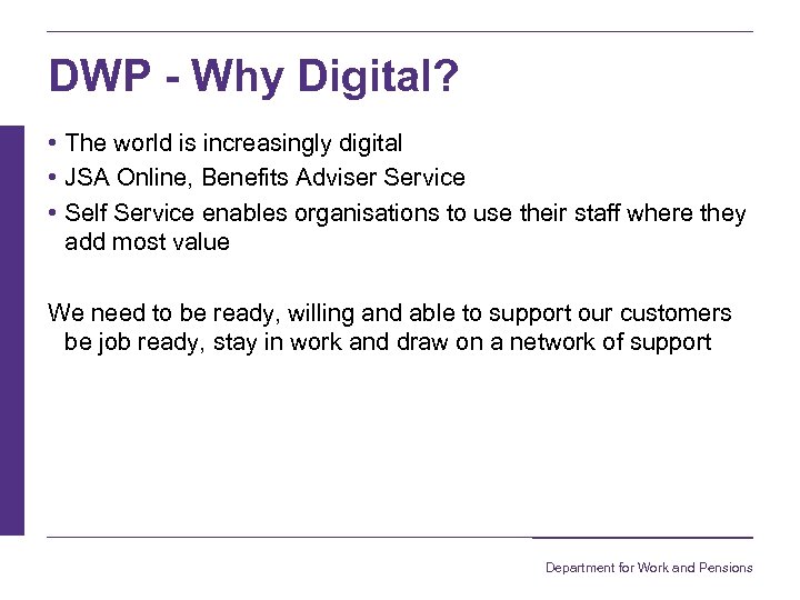 DWP - Why Digital? • The world is increasingly digital • JSA Online, Benefits