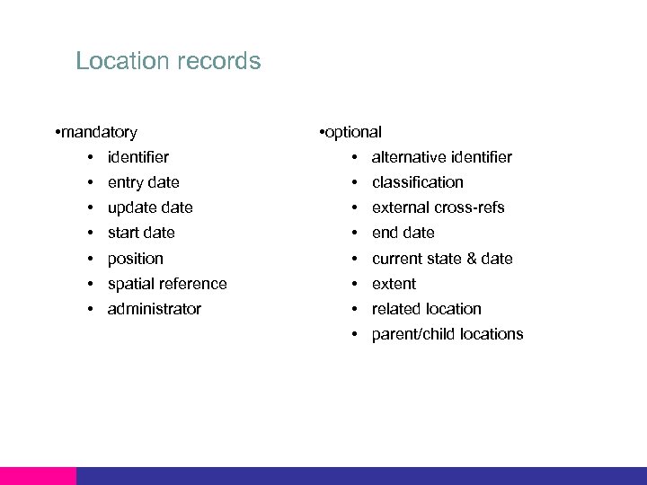 Location records • mandatory • optional • identifier • alternative identifier • entry date