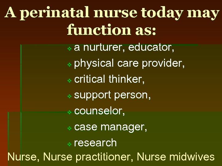 A perinatal nurse today may function as: a nurturer, educator, v physical care provider,