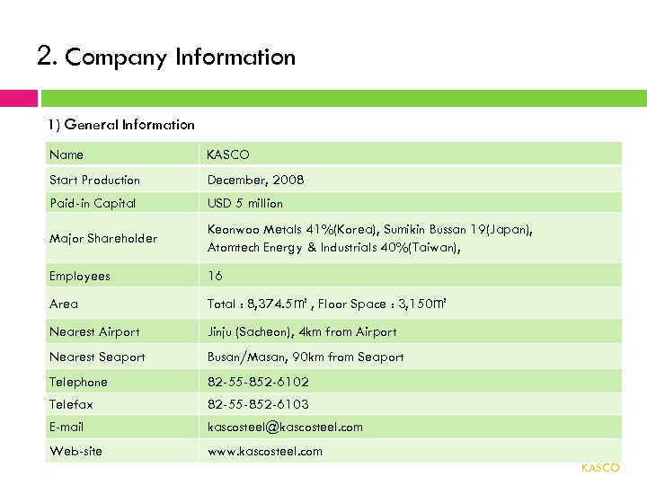 2. Company Information 1) General Information Name KASCO Start Production December, 2008 Paid-in Capital