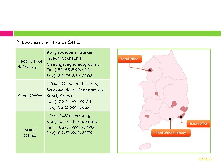 2) Location and Branch Office 894, Yucheon-ri, Sanammyeon, Sacheon-si, Head Office Gyeongsangnamdo, Korea &