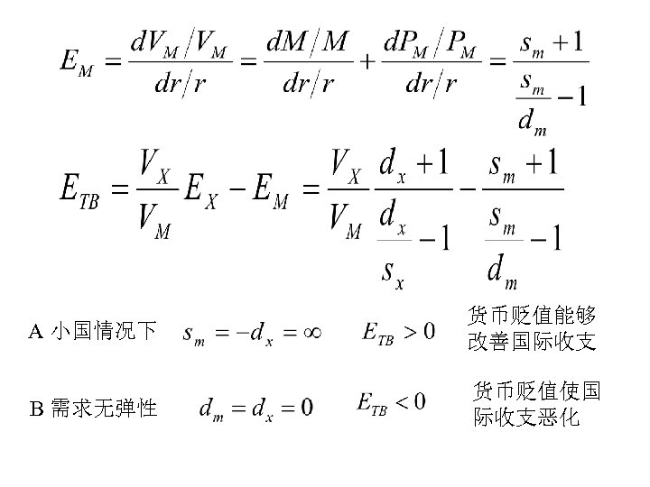 A 小国情况下 货币贬值能够 改善国际收支 B 需求无弹性 货币贬值使国 际收支恶化 