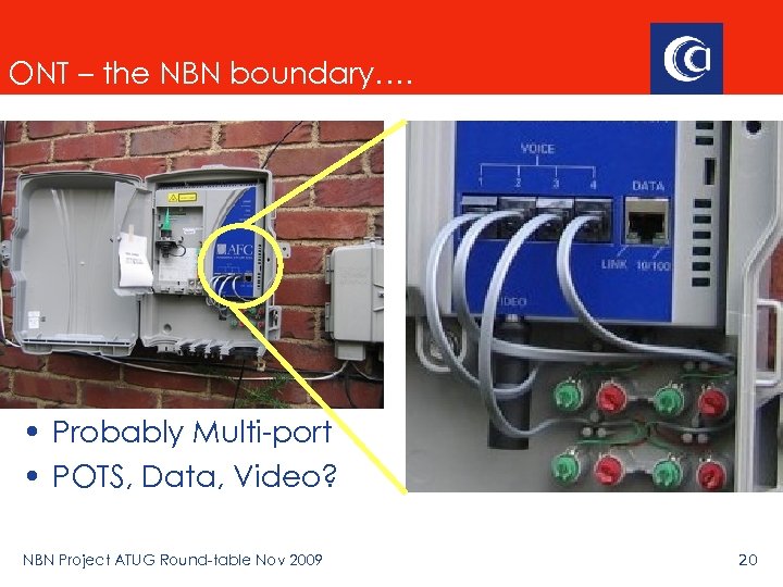 ONT – the NBN boundary…. • Probably Multi-port • POTS, Data, Video? NBN Project