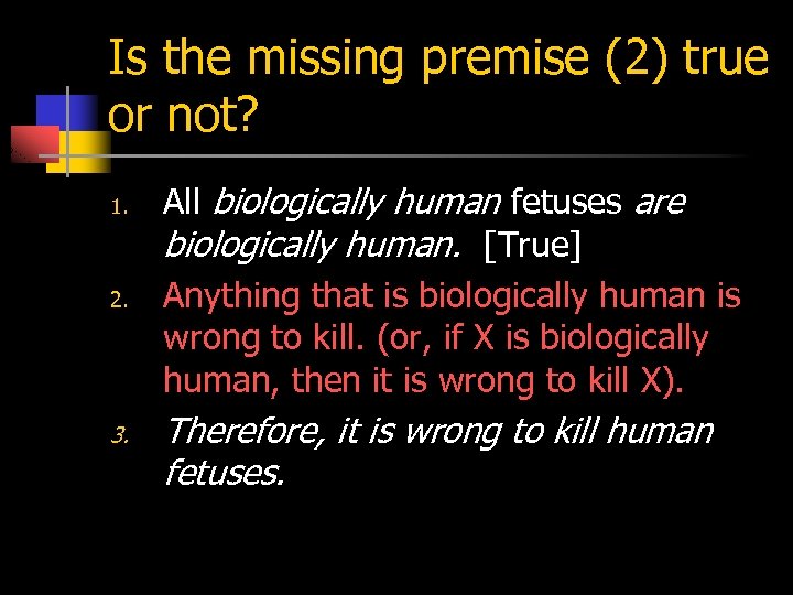 Is the missing premise (2) true or not? 1. 2. 3. All biologically human