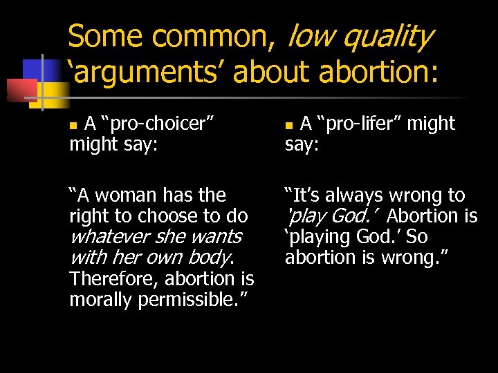 Some common, low quality ‘arguments’ about abortion: A “pro-choicer” might say: A “pro-lifer” might