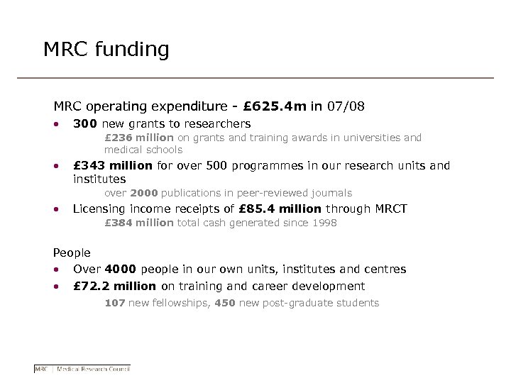 MRC funding MRC operating expenditure - £ 625. 4 m in 07/08 • 300