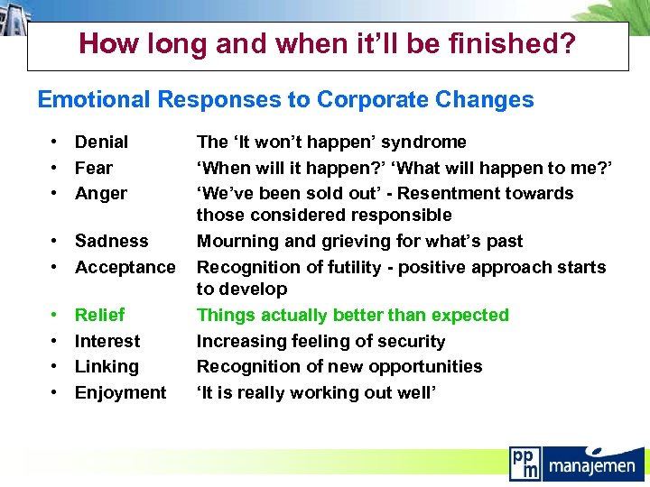 How long and when it’ll be finished? Emotional Responses to Corporate Changes • Denial