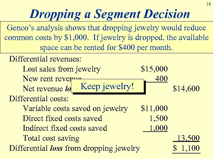 Dropping a Segment Decision 16 Genco’s analysis shows that dropping jewelry would reduce common