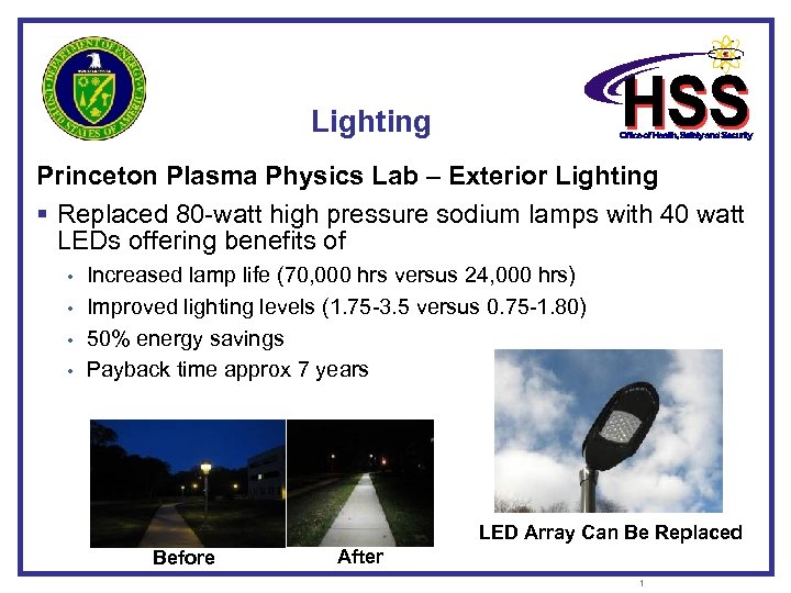 Lighting Princeton Plasma Physics Lab – Exterior Lighting § Replaced 80 -watt high pressure