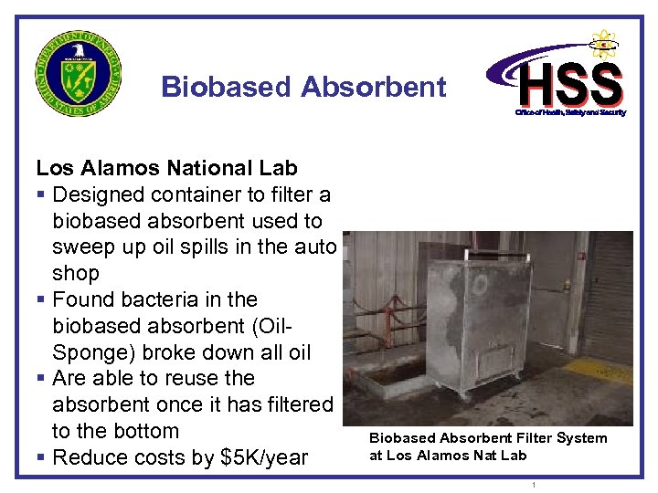 Biobased Absorbent Los Alamos National Lab § Designed container to filter a biobased absorbent