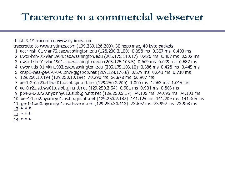 Traceroute to a commercial webserver -bash-3. 1$ traceroute www. nytimes. com traceroute to www.
