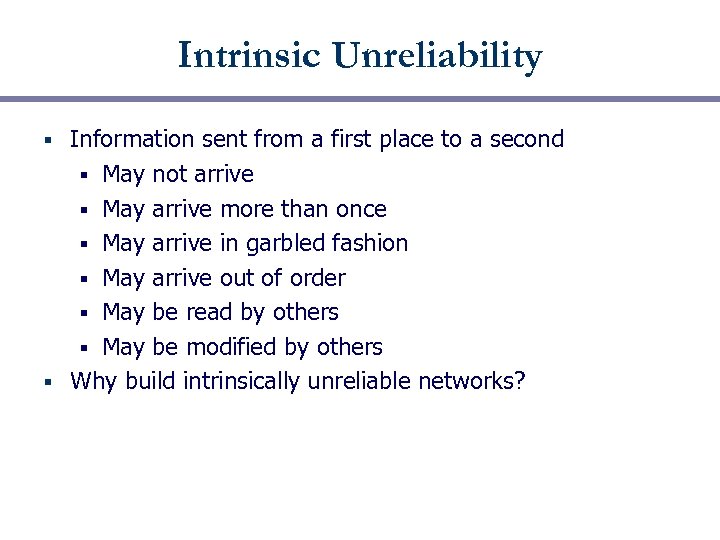Intrinsic Unreliability Information sent from a first place to a second § May not