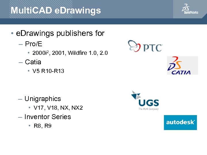 Multi. CAD e. Drawings • e. Drawings publishers for – Pro/E • 2000 i