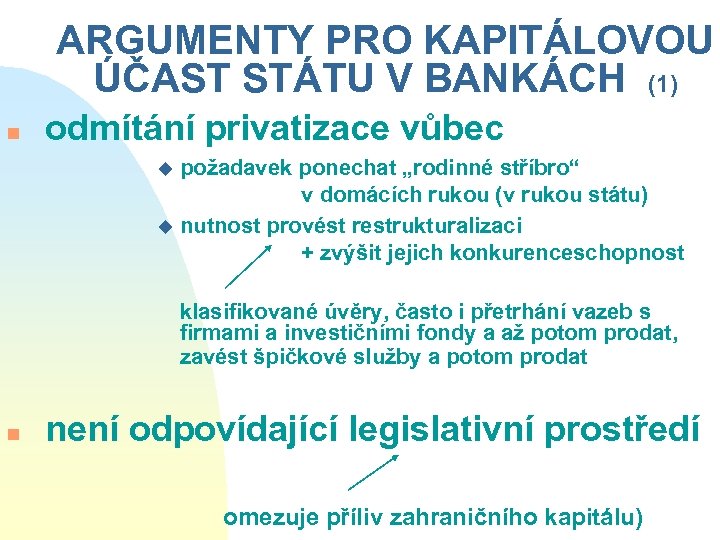 ARGUMENTY PRO KAPITÁLOVOU ÚČAST STÁTU V BANKÁCH (1) n odmítání privatizace vůbec požadavek ponechat