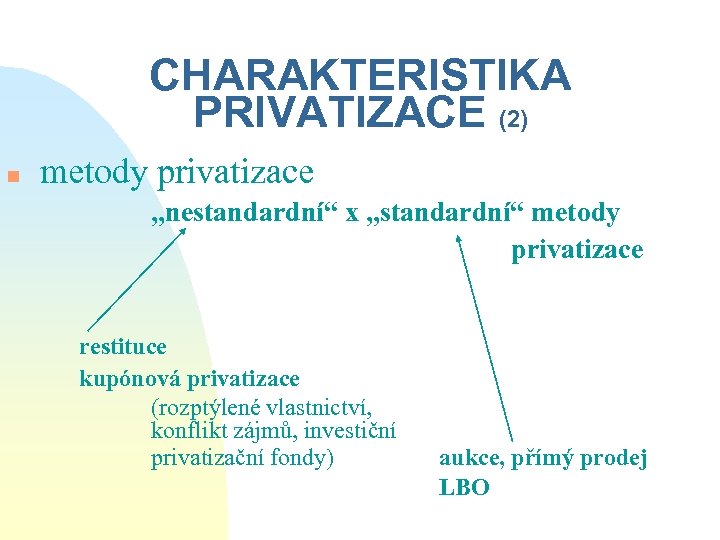 CHARAKTERISTIKA PRIVATIZACE (2) n metody privatizace „nestandardní“ x „standardní“ metody privatizace restituce kupónová privatizace