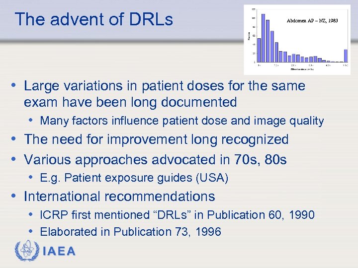 The advent of DRLs Abdomen AP – NZ, 1983 • Large variations in patient