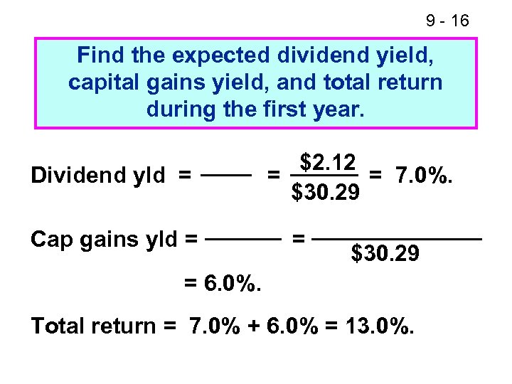 9 - 16 Find the expected dividend yield, capital gains yield, and total return