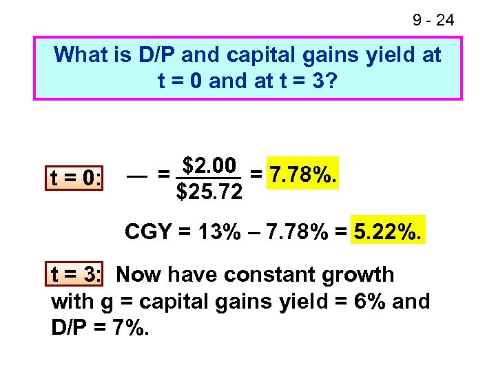 9 - 24 What is D/P and capital gains yield at t = 0