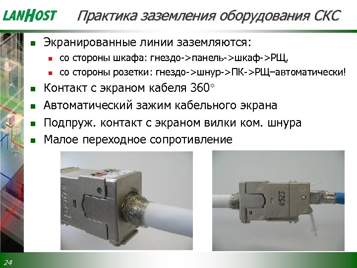 Практика заземления оборудования СКС n Экранированные линии заземляются: n n n 24 со стороны