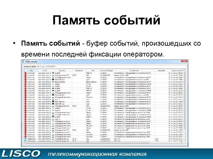 Память событий • Память событий - буфер событий, произошедших со времени последней фиксации оператором.