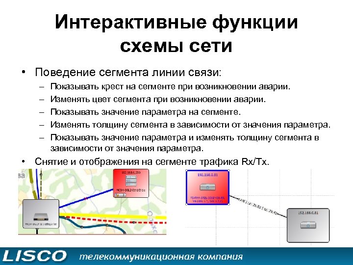 Интерактивные функции схемы сети • Поведение сегмента линии связи: – – – Показывать крест