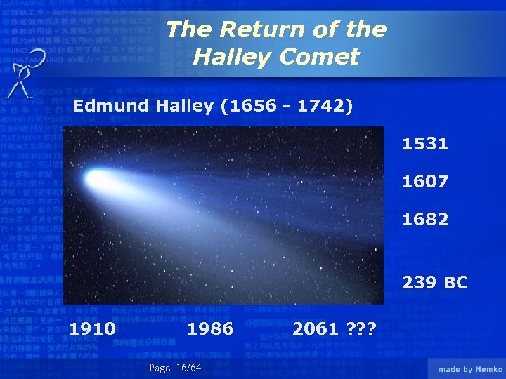 The Return of the Halley Comet Edmund Halley (1656 - 1742) 1531 1607 1682