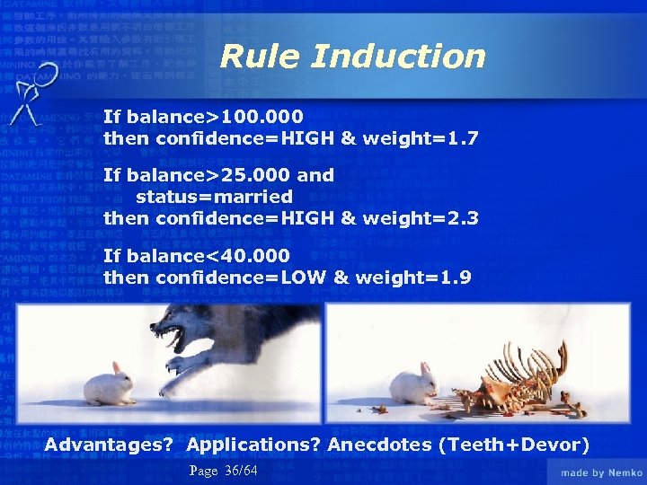 Rule Induction If balance>100. 000 then confidence=HIGH & weight=1. 7 If balance>25. 000 and