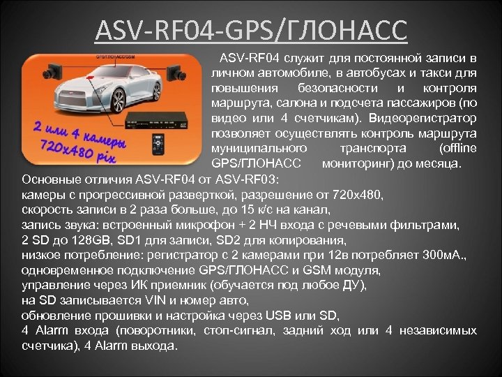 ASV-RF 04 -GPS/ГЛОНАСС ASV-RF 04 служит для постоянной записи в личном автомобиле, в автобусах