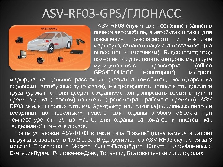 ASV-RF 03 -GPS/ГЛОНАСС ASV-RF 03 служит для постоянной записи в личном автомобиле, в автобусах